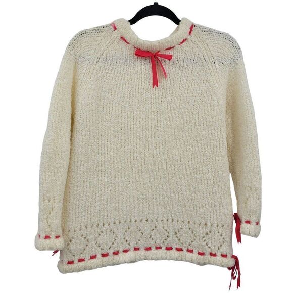 Vintage 60's Sweater Tunic Wool Knobby Knit Ivory Holiday GoGo Pink Ribbon S - Picture 1 of 12